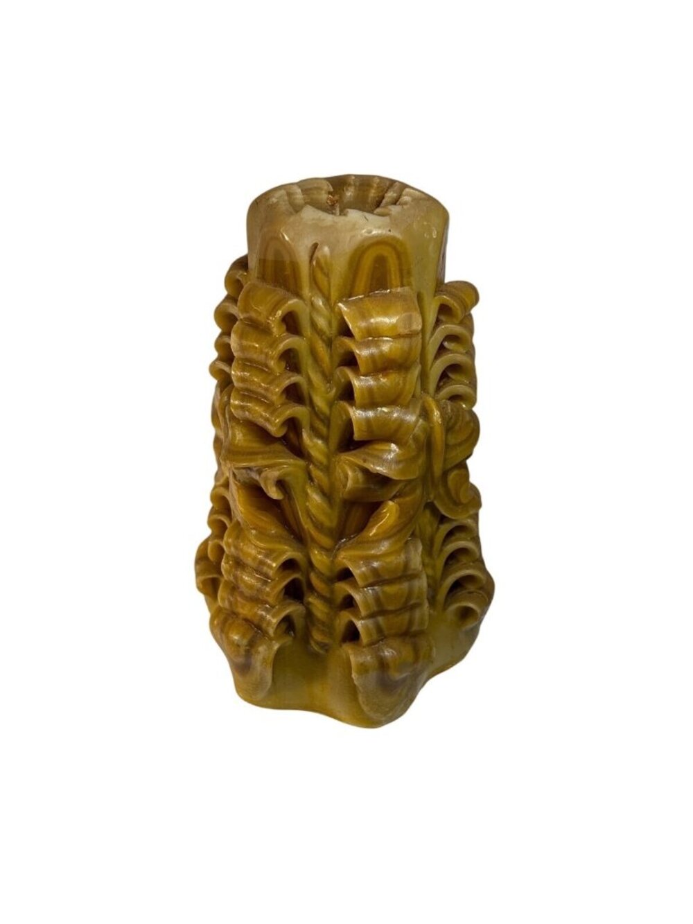 Handcrafted Decorative Carved Wax Candle In Yellow Swirl Design 7" Tall